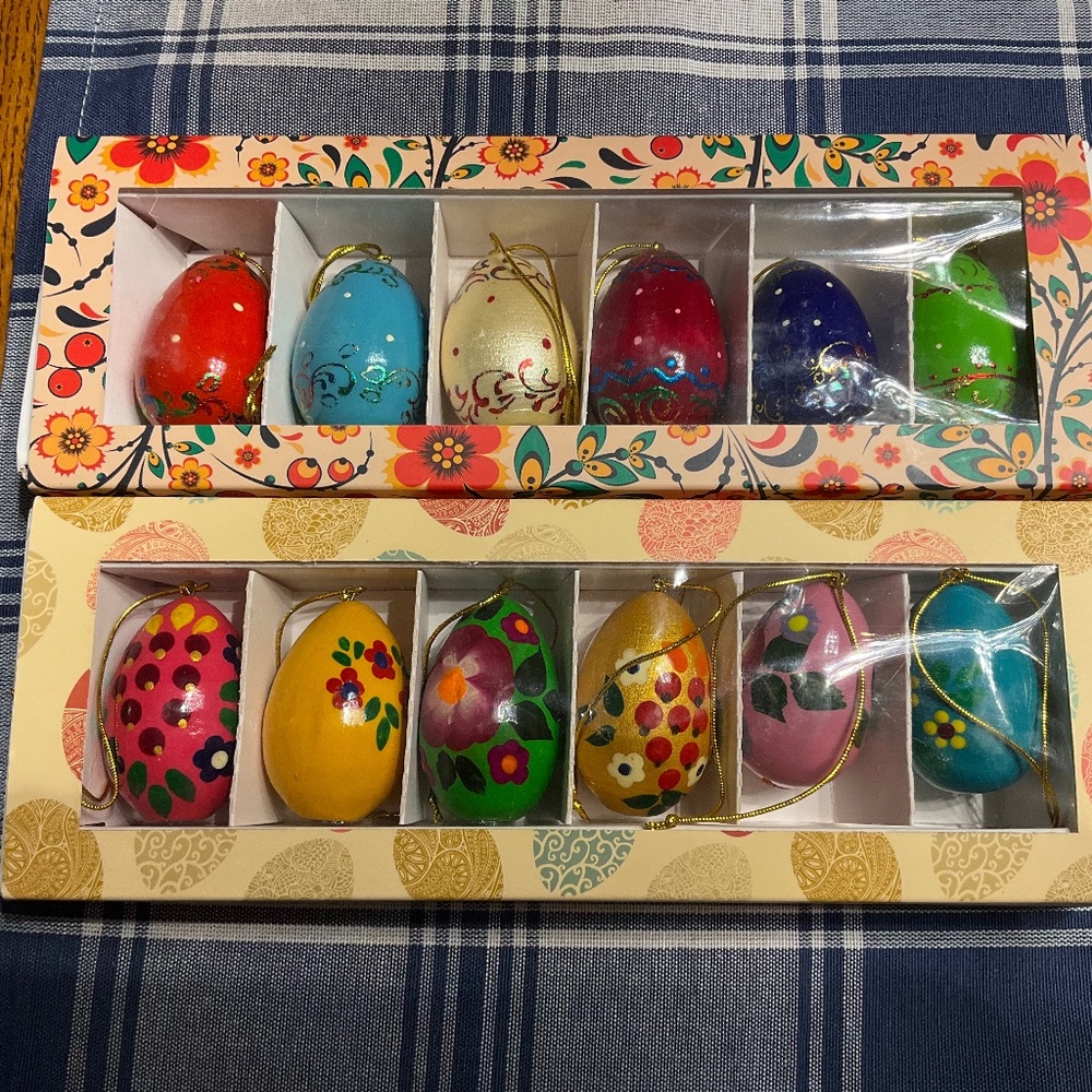 NIP Two Sets, Six each set, Hand Crafted Wooden Russian hand painted Eggs
